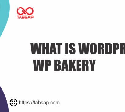 Graphic with a teal and navy abstract design featuring the text 'What is WordPress WP Bakery' and the website URL 'https://tabsap.com' along with the Tabsap logo.